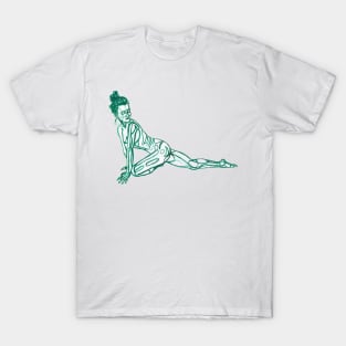 Pigeon Pose in Green T-Shirt